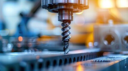 A close-up of the spiral of an industrial drill bit. Special equipment in the workshop. Precision work on a modern machine. Illustration for cover, brochure or presentation.