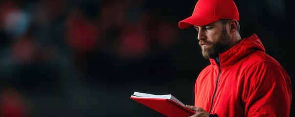 Football coach reviewing playbook on the sidelines during a high-stakes game Game strategy, American Football, coaching tactics