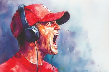 Football coach yelling into a headset during a tense moment in the game American Football, game, intense coaching