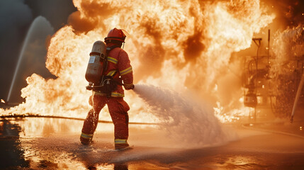A firefighter, fully equipped with safety gear and a water hose, combats a massive fire, surrounded by flames and smoke, in a dramatic and dangerous firefighting scene.