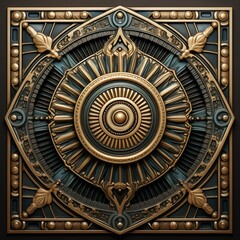 A detailed ornamental art deco design featuring a central circular motif surrounded by intricate patterns and textures. The color palette includes gold and teal, giving it a luxurious appearance.