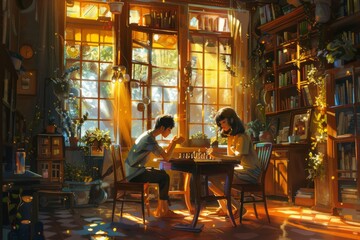 Fototapeta premium A couple playing chess together in a comfortable living room, showcasing a moment of strategy and companionship, A married duo playing a game of chess together in a sunlit room. AI generated