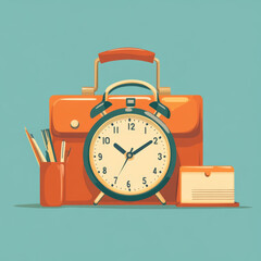 An orange suitcase with an alarm clock, pencils, and a notecard holder against a teal background, symbolizing time management and organization.