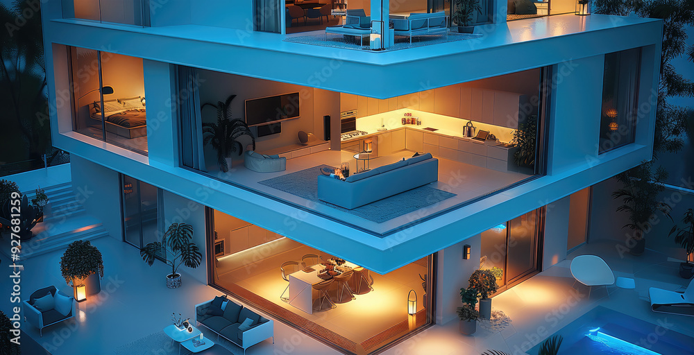 Aufkleber an innovative iot-enabled smart home with devices like smart lights, thermostats, and security camer