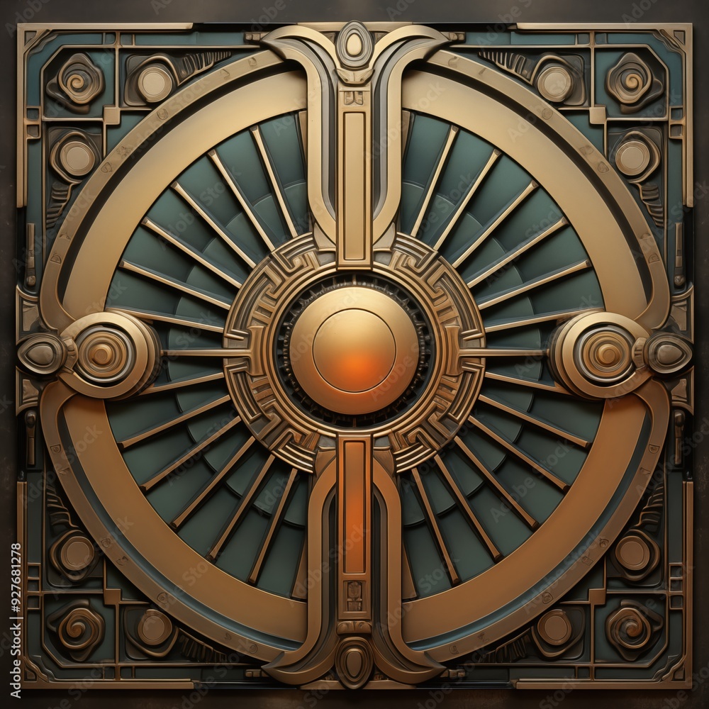 Poster a detailed, ornate art deco metallic panel featuring a central circular design with radiating lines 