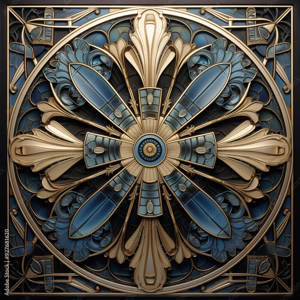 Poster an intricate art deco decorative design featuring a symmetrical floral pattern with blue and gold el