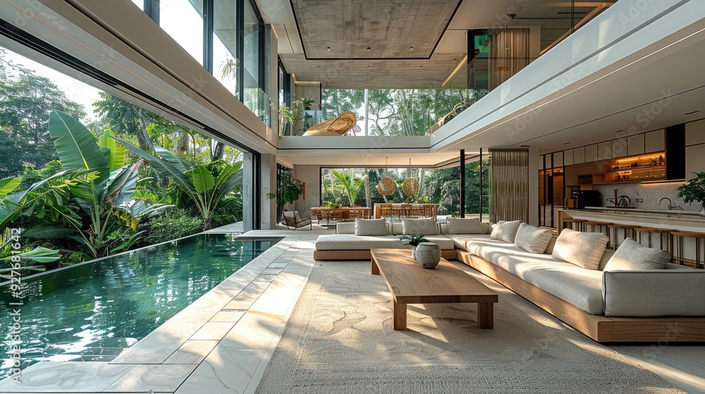 Aufkleber spacious living area of tropical villa, large floor-to-ceiling windows flood the space with natural 