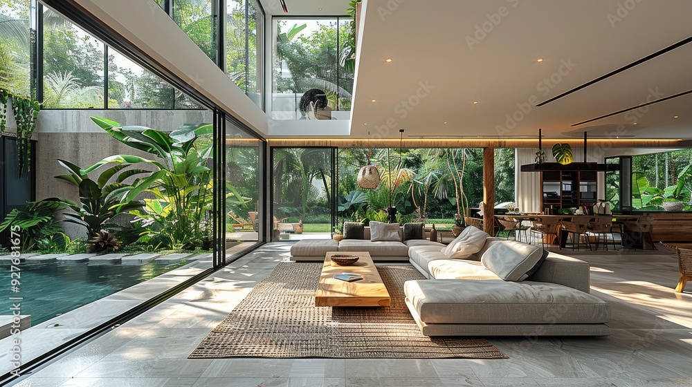 Aufkleber spacious living area of tropical villa, large floor-to-ceiling windows flood the space with natural 