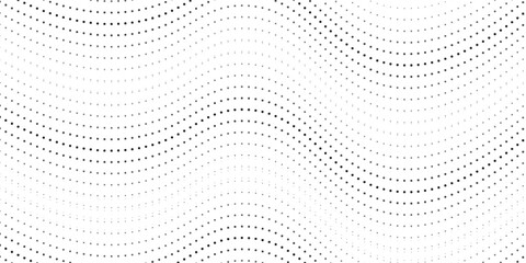 Flowing dots particles wave pattern halftone gradient curve shape isolated on white background. Vector in concept of technology, science, music