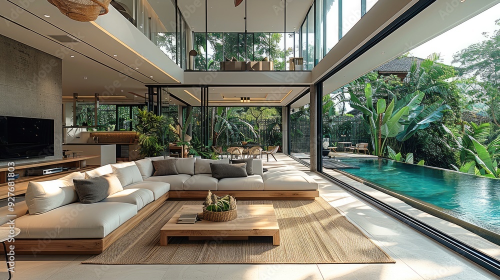Aufkleber spacious living area of tropical villa, large floor-to-ceiling windows flood the space with natural 