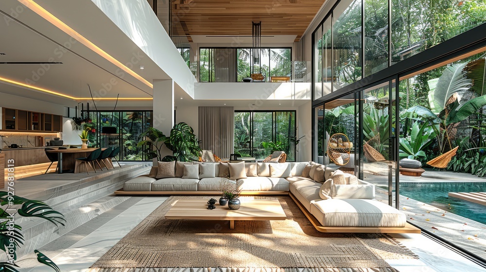 Aufkleber spacious living area of tropical villa, large floor-to-ceiling windows flood the space with natural 