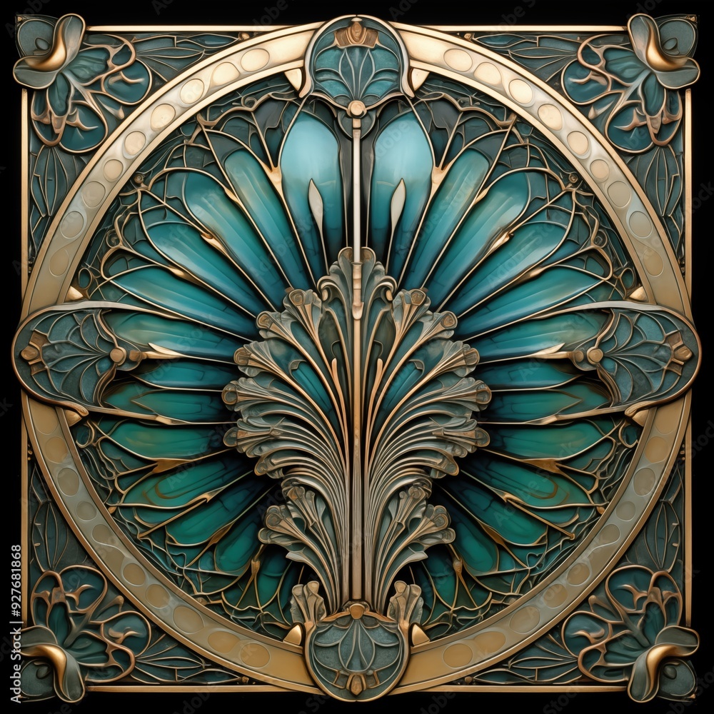 Poster an intricate decorative art deco design featuring a central shell motif surrounded by ornate pattern