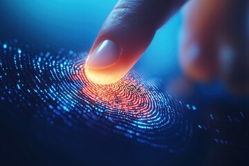 Close-up of a finger touching a glowing fingerprint sensor, highlighting technology and security in digital identity.