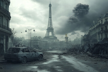 Desolate streets of a post-apocalyptic Paris with the Eiffel Tower in the background during a dark and cloudy day