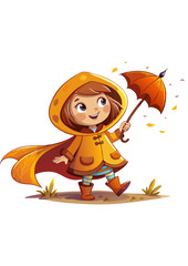 Autumn girl in yellow orange raincoat and boots with umbrella without background, vector drawing