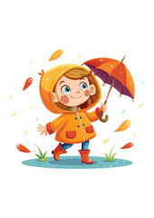 Autumn boy in yellow orange raincoat and boots with umbrella without background, vector drawing