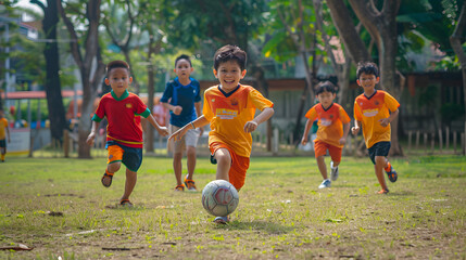 A group of young boys energetically playing soccer in an outdoor park, capturing the joy of...