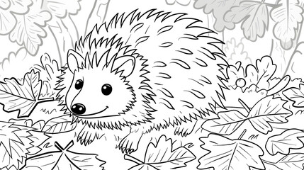 Obraz premium Adorable black-and-white line drawing of a cute cartoon hedgehog standing on a log, perfect for coloring books, children's activities, and creative projects.