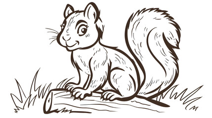Obraz premium Black and white illustration of a squirrel perched on a tree branch surrounded by leaves. Adorable cartoon-style drawing, perfect for coloring books and nature-themed children's art.