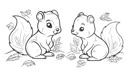 Black and white illustration of two cute squirrels surrounded by scattered leaves. Perfect for children's coloring books or nature-themed art projects.