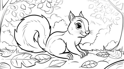 Black and white illustration of a squirrel perched on a tree branch, surrounded by leaves. Playful and charming cartoon-style drawing, perfect for children's coloring books. © Gita