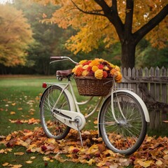 Fototapeta premium Charming vintage bicycle with a basket of autumn flowers and colorful fall foliage.