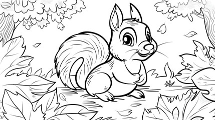  Black and white illustration of a squirrel sitting on a tree branch surrounded by leaves. Cute cartoon-style artwork, ideal for coloring books or children's art activities.
