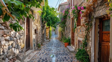Fototapeta premium Charming Stone-paved Alleyway in a European Village