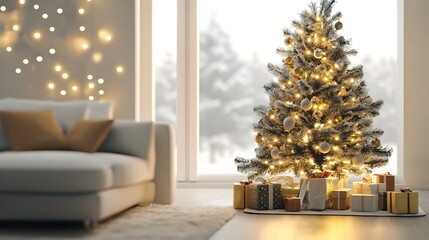 Fototapeta premium Beautifully decorated Christmas tree with glowing lights ornaments and presents underneath set in a cozy and warm living room with a festive and inviting atmosphere