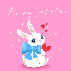 Valentine's day card with cute bunny with hearts. Pink cute greeting card