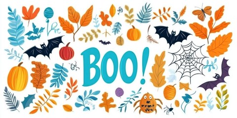 Bright and playful Halloween-themed illustration with pumpkins, bats, and leaves around a bold 