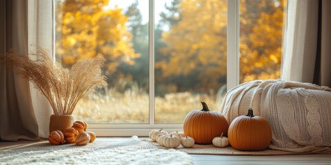 Fototapeta premium Cozy bedroom with pumpkins and autumn leaves on a knit blanket, set against a large window with vibrant fall foliage.