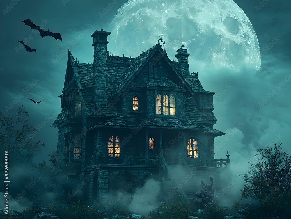 Poster a 3d rendered haunting scene of a spooky haunted house with glowing windows bats flying under a full