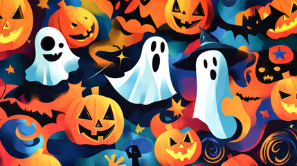 Colorful Halloween symbols come alive against a spooky backdrop, showcasing playful pumpkins, whimsical ghosts, and enchanting witches in a festive design