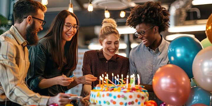 Office birthday party with coworkers and cake