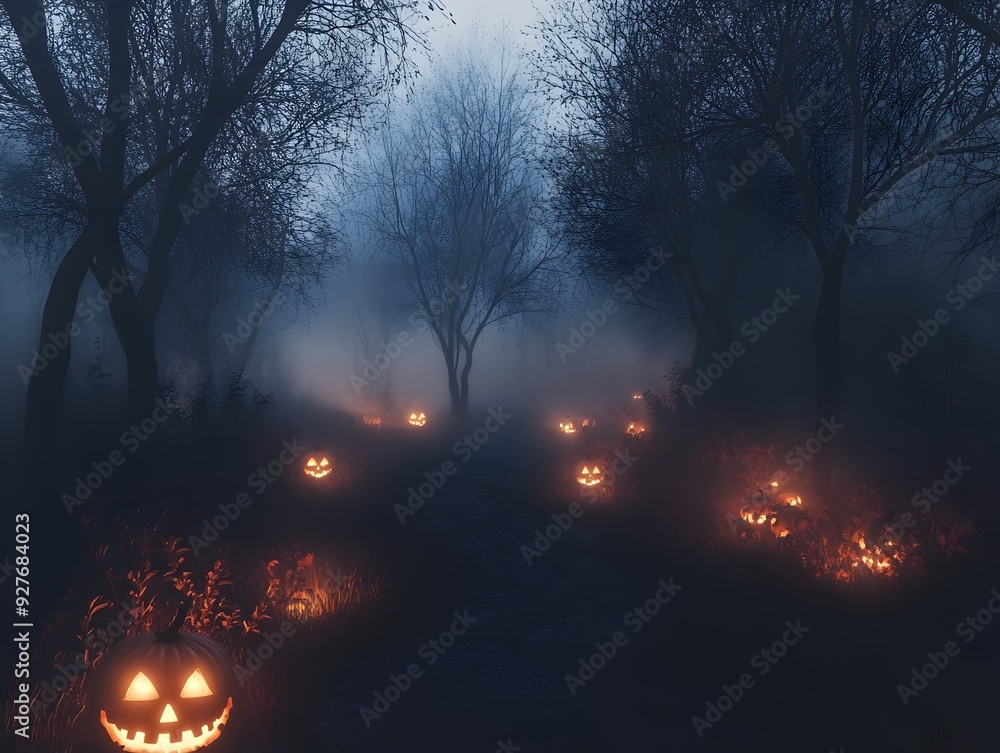 Poster a 3d rendered scene of an enchanted dark forest path winding through the fog with silhouettes of bar