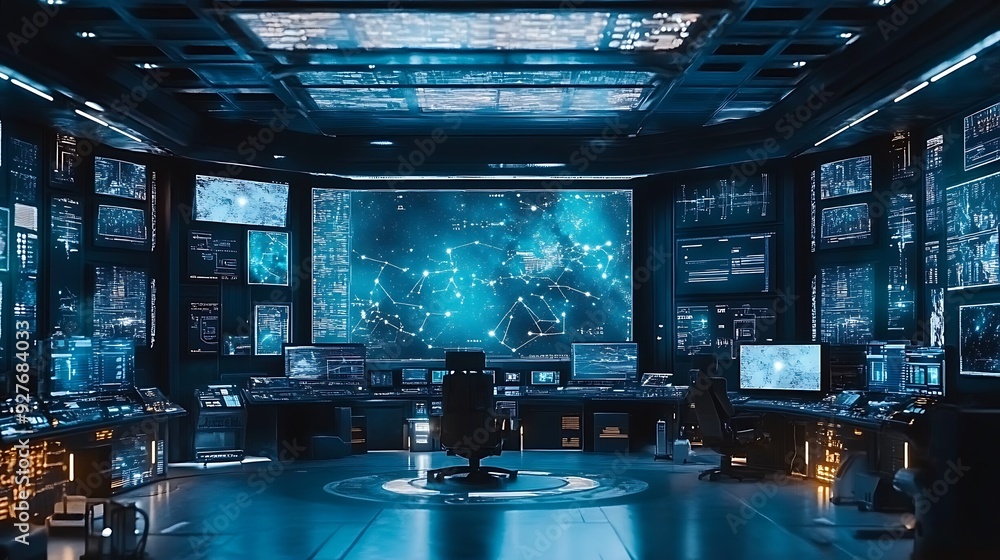 Poster a digital space exploration control room with interactive star maps and spacecraft monitors