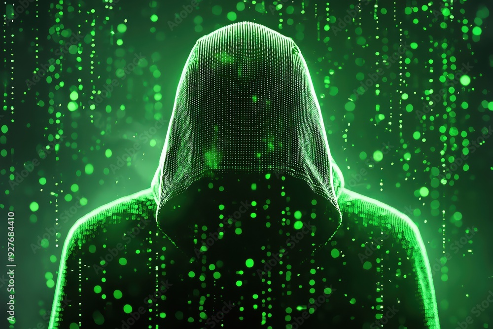 Poster a mysterious figure in a hooded cloak stands against a digital backdrop of green binary code, evokin
