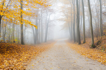 Obraz premium A road with trees on either side and leaves on the ground