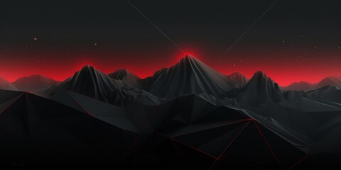 Low poly mountain range silhouette with red glowing lines against a dark red sky.