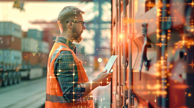A logistics worker in a safety vest engages with a tablet, optimizing cargo management amidst containers and digital interfaces