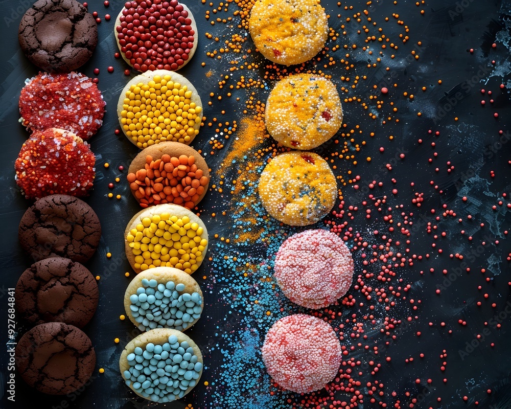 Poster arranged colorful cookies with assorted toppings on glowing black background