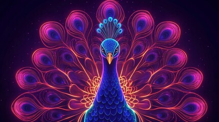 Neon Line Art of a peacock fanning out its feathers, with intricate patterns glowing against the dark background