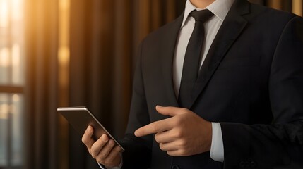 A businessman in a suit using a smartphone, highlighting modern technology in a corporate environment.
