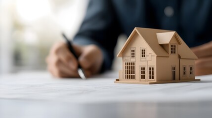 A detailed model house sits on a desk while a person sketches plans, representing architecture, design, and construction concepts.