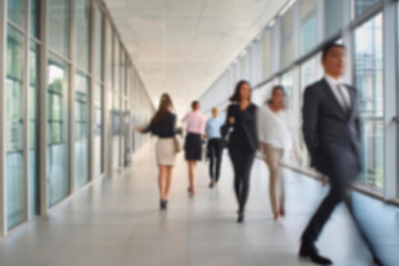 business people walking in the corridor of an business center, pronounced motion blur, crowded...