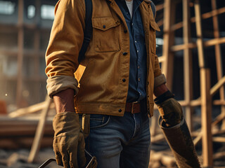 a dynamic shot of a man worker carrying tools on a construction site