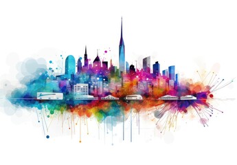 Fototapeta premium Skyscrapers. Town. The concept of the city of the future. Contemporary abstract geometric art of buildings. Digital art in watercolor style. Illustration for banner, card, cover, ad or presentation.