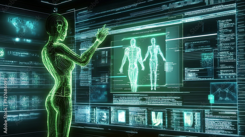 Poster a cybernetically enhanced human engaging with a holographic interface.