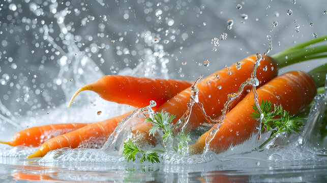 Close-up of fresh carrots with green tops, splashing in water against a neutral background. A dynamic and vibrant depiction of fresh produce, emphasizing cleanliness and organic farming.